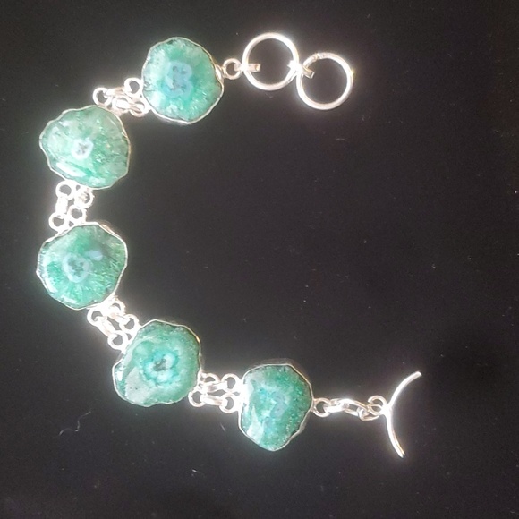 New Green Solar Slice Agate 925 Silver Bracelet. - Picture 2 of 12